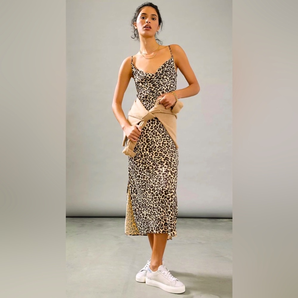 Anthropologie Elyse midi slip dress with draped neckline - leopard print- NWT
